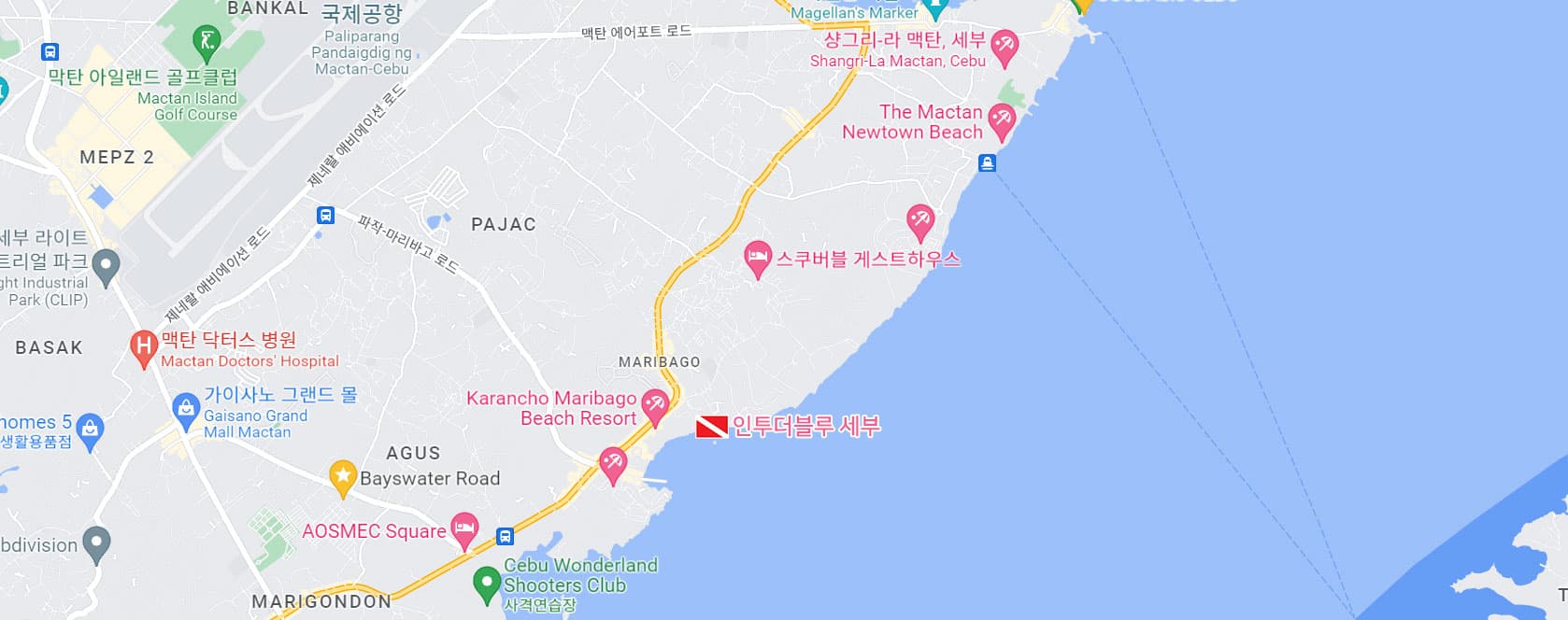 인투블 세부 다이브샵 위치 지도 — 막탄 마리바고 부용 비치